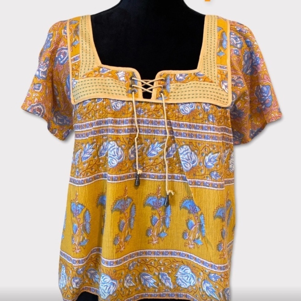 Free People Babydoll Lace-up Peasant Top Blouse Boho 60’s Hippie Shirt Vintage